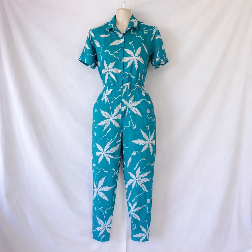 Vintage Teal Jumpsuit with White Leaf Print